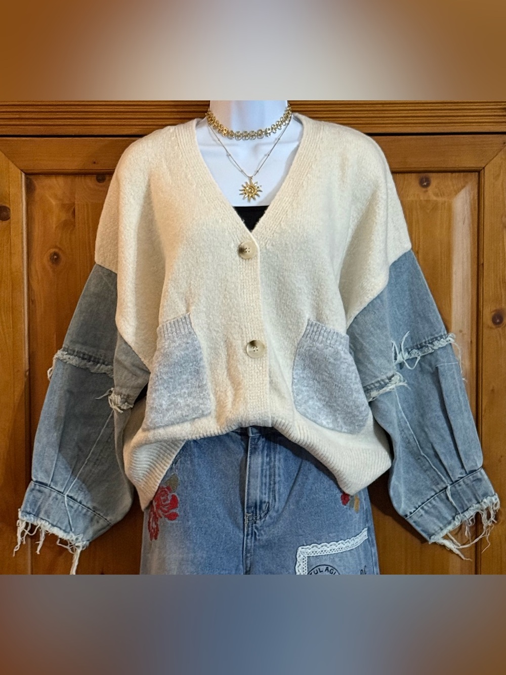 Women's Cozy Cream Denim Sleeves Oversized Cardigan Sweater